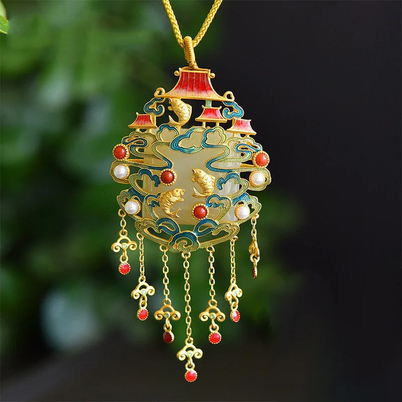 Foydjew Goldfisch Imitation Hetian Jade Halsketten Überzogene Gold Retro Halskette Weiblichen Ethnischen Stil Chinesischen Stil Pullover Kette
