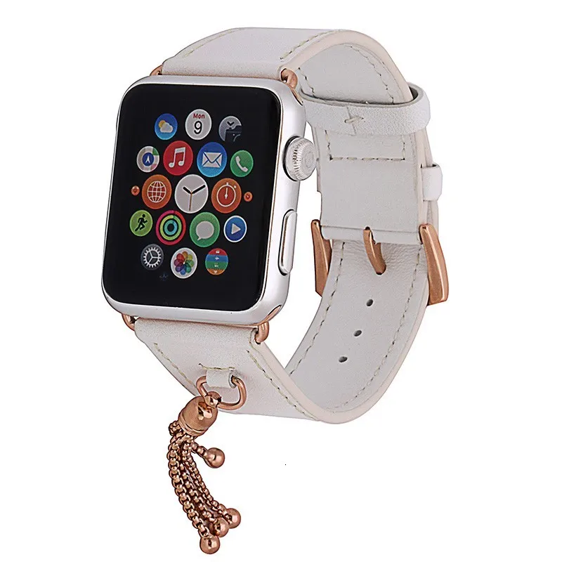 Ремешок для часов из натуральной кожи с адаптером для Apple Watch, 44 мм, 42 мм, серия 5, 4, 3, 2, 38 мм, ремешок с небольшими украшениями