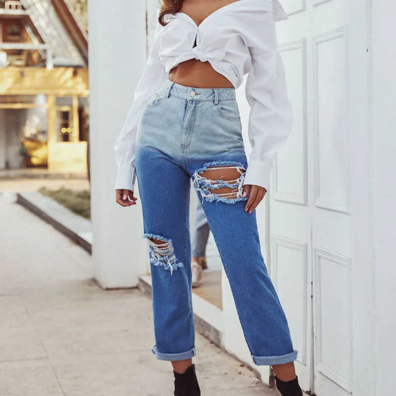 

2021 new women's casual all-match ripped street hipster straight denim trousers