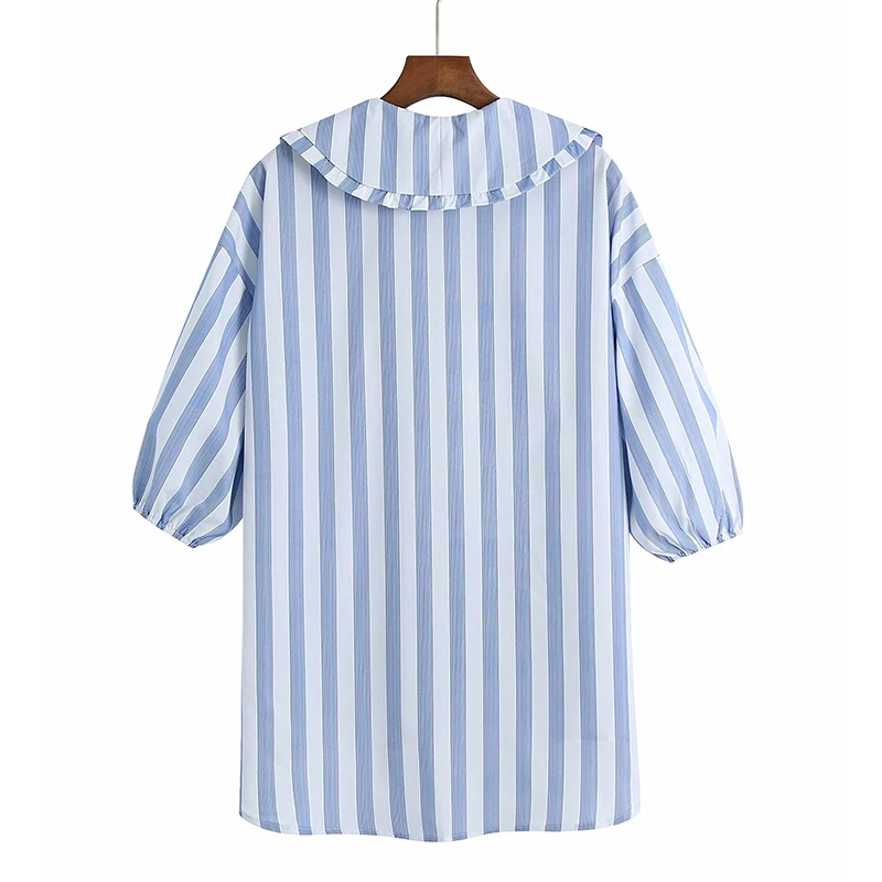 

2021 Summer Women Blouse Striped Printed Shirts Casual Female Thin Top Single Breasted Peter Pan Collar Blouses