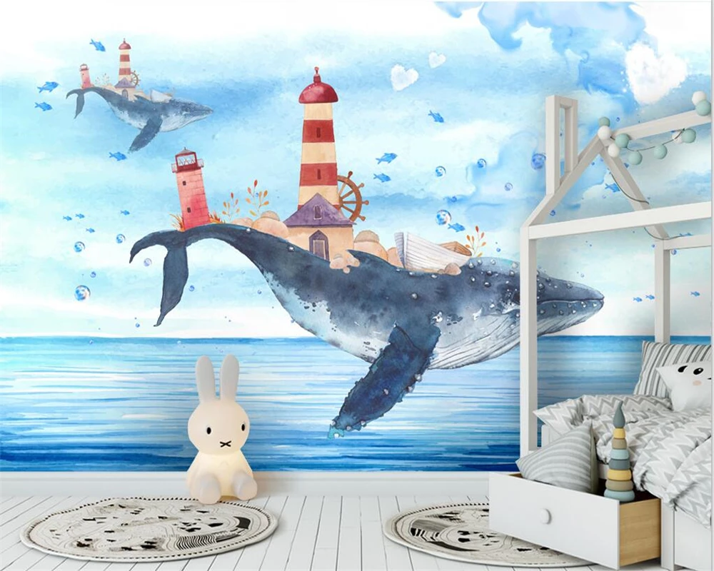 

beibehang Customized modern nordic watercolor mediterranean ocean whale children's room background papel de parede wallpaper