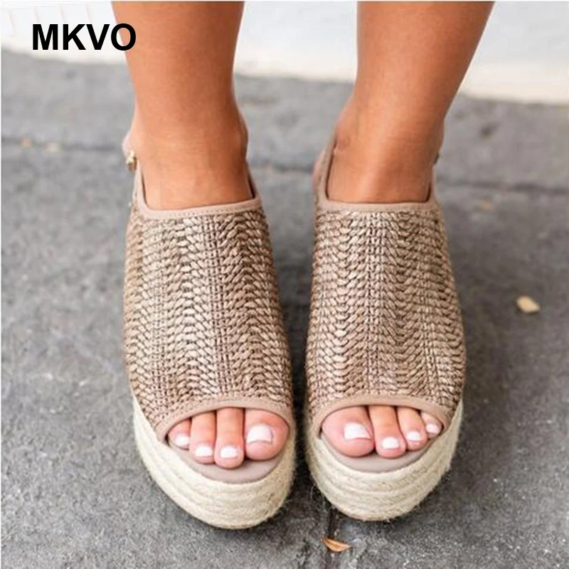 Женские сандалии с открытым носком льняные Босоножки на платформе и высоком