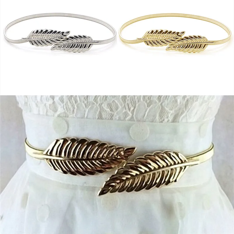 

78cm length fashion Women Belts Leaf Design Clasp Front Stretch Metal Waist Belt Skinny Elastic