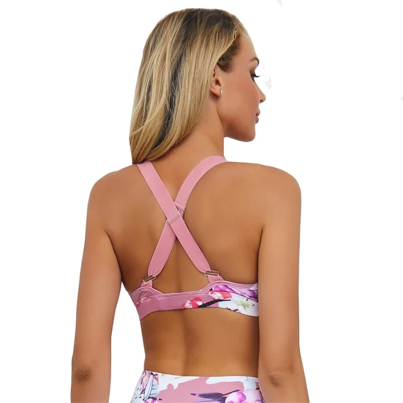 JFYYHZ Women‘s Yoga Set Fitness Floral Tracksuit Sexy Gym Wear Cross Strip Top Leggings Running Clothing Sportswear Sport |