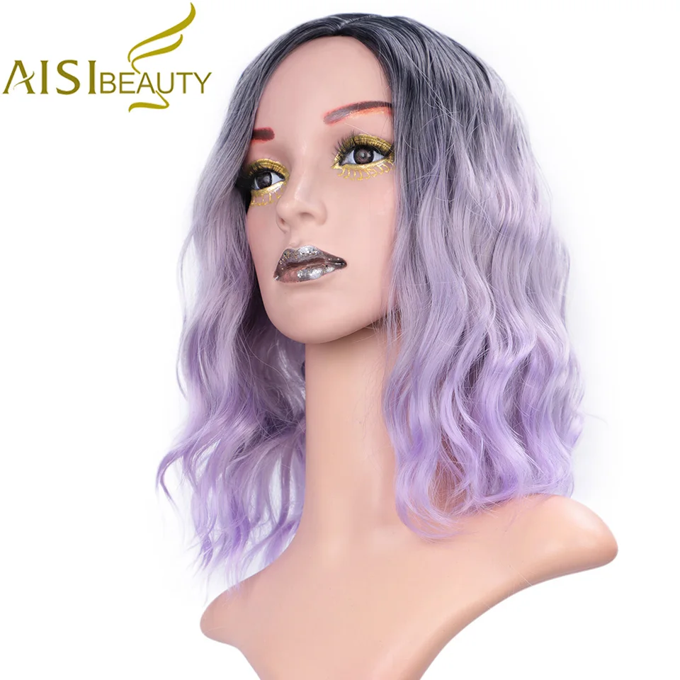 AISI BEAUTY Ombre фиолетовый короткий парик 14 дюймов волна воды синтетические парики для женщин розовый блонд седой милый Косплей Женский накладные волосы