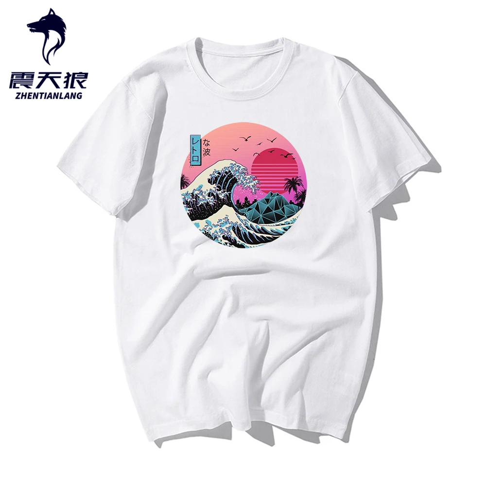 Мужская хлопковая футболка в стиле ретро с волнистым японским аниме Harajuku крутая