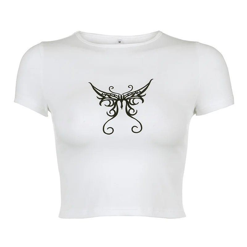 

Summer Hipster Street Shooting Bowknot Embroidered Round Neck Slim Top With A Bottoming Shirt And Wild Navel Short T-shirt
