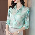 Модная женская рубашка, шелковые топы для женщин, однотонный атласный темпераментный Топ с длинным рукавом, Женская рубашка-поло с воротником на пуговицах, Базовая рубашка 2021 - фото