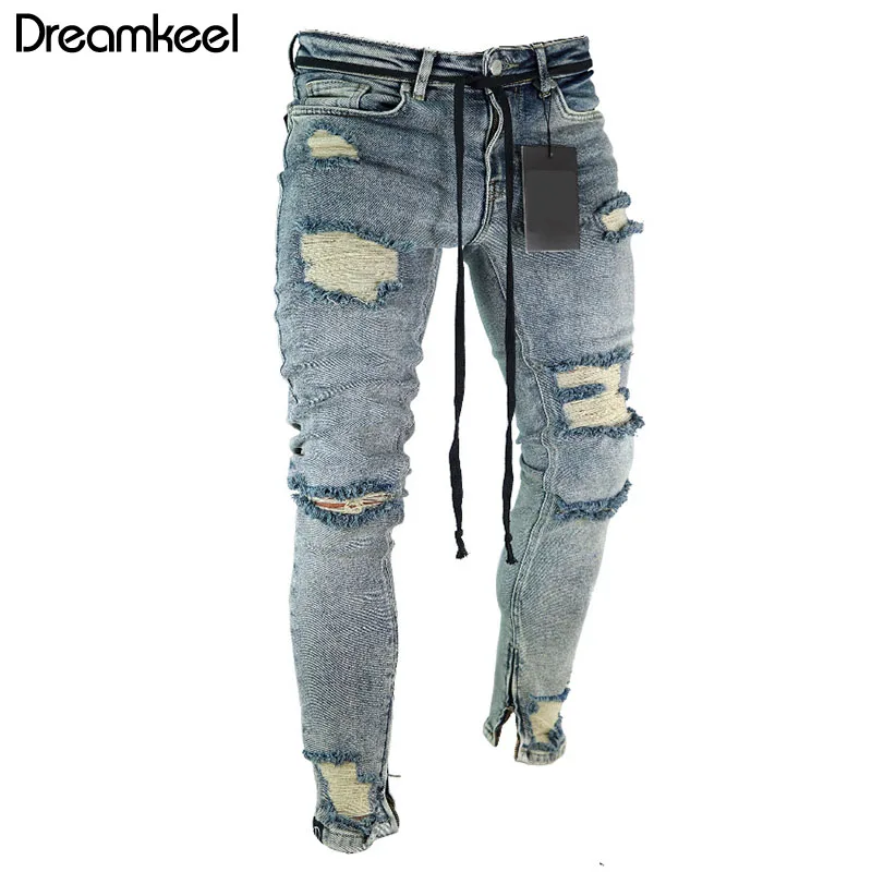 Мужские джинсы модные уличные мужские винтажные рваные на молнии эластичные