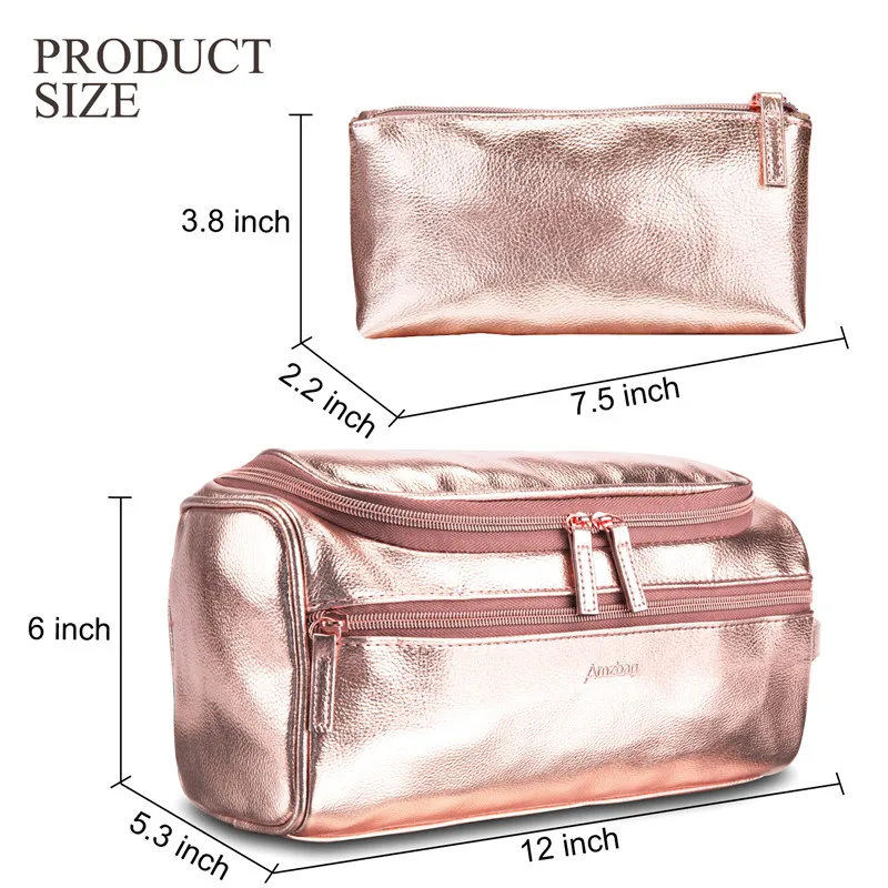 

Unisex Leather Washing Bag, Waterproof Double Layer Cosmetic Bag + Pouch (Rose Gold)