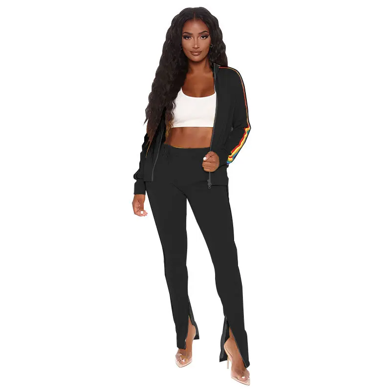 

Zoctuo Rainbow Striped Women'S Set Autumn Fashion Two Piece Set Outfit Jacket Flare Bellbottom Pants Suit Tracksuit Fitness