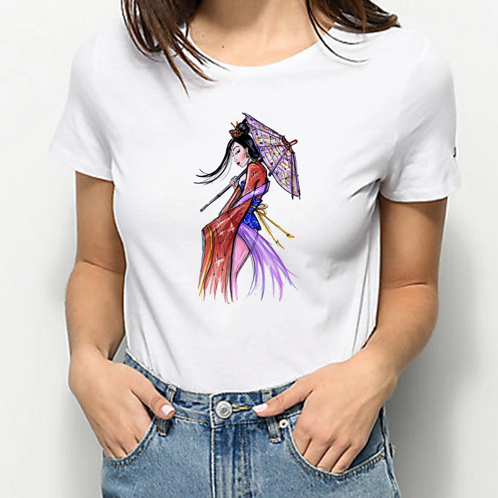 

Summer Kawaii Disney Princess Mulan Funny Cartoon T-shirt Women Harajuku Ullzang T Shirt Graphic White Tshirt Anime Female Tops