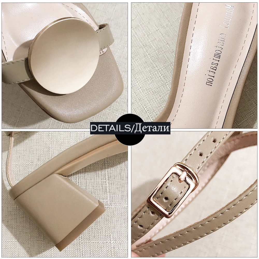 

ISNOM Stylish Ladies Sandals Genuine Leather Shoes Woman Thick Med Heels Summer Women Sandals Ankle Strap Open Toe Shoe