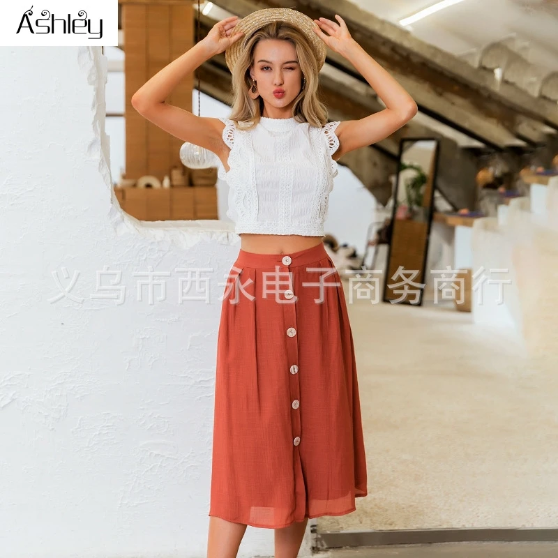 

Ashley Casual buttons women midi skirts Vintage mid-waist solid female a-line skirt Spring summer holiday ladies skirts bottoms