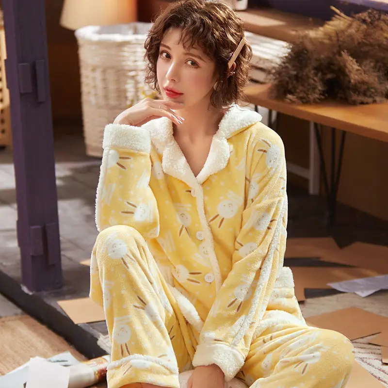 Winter Warm Flannel Women Pyjamas Sets Thick Coral Pijamas Women  fleece pajama thick flannel Long Pajamas Set for Girl