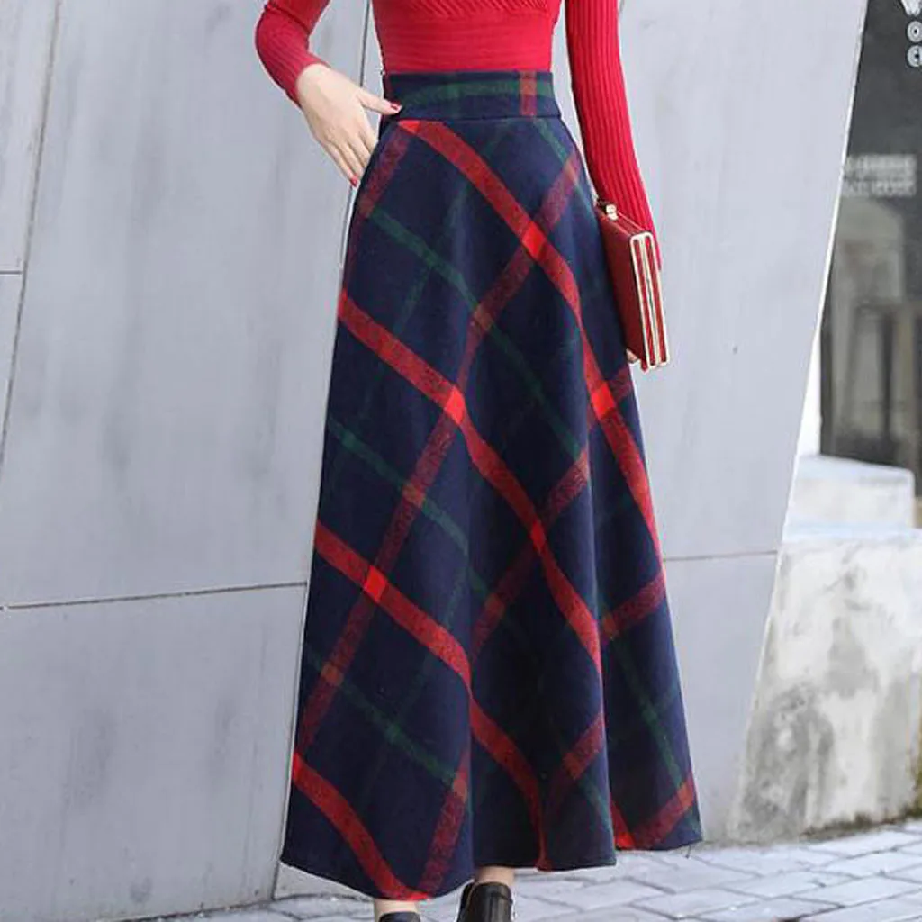 Удобная женская модная юбка темно синяя Повседневная Длинная в клетку с принтом