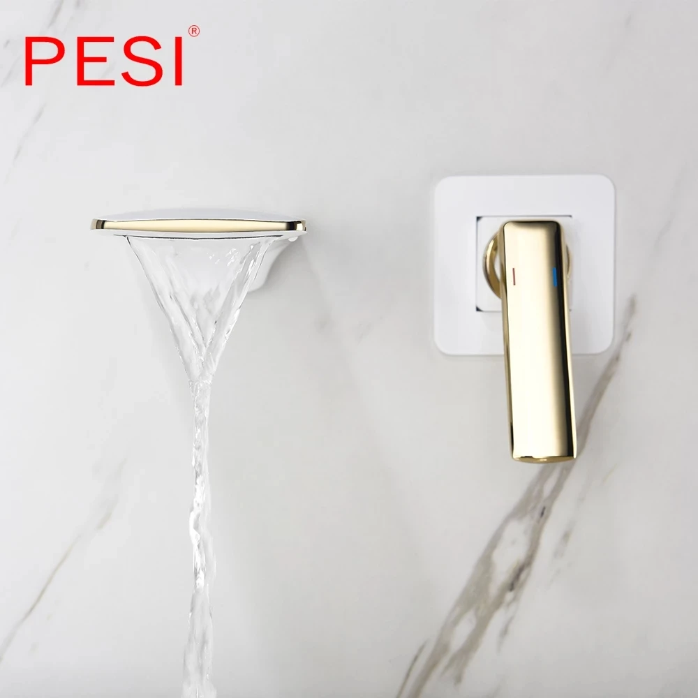

Wall Mounted Waterfall Basin Faucet White and Gold washbasin faucet crane Dual Holes Hot Cold Water Sink Mixer Tap.