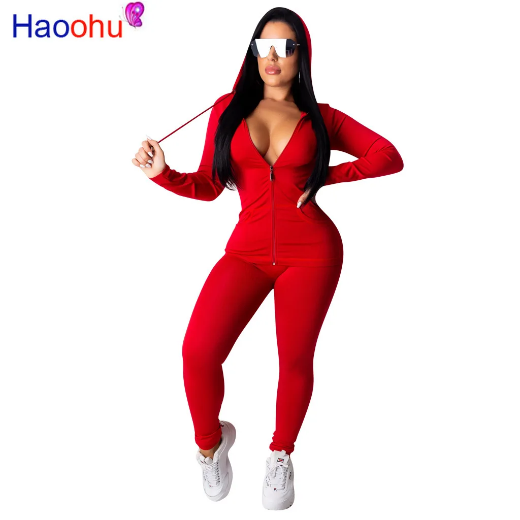 

HAOOHU Casual Two Piece Tracksuits Women Set Zipper Hooded Top+Pants Set 2 Piece Outfits Matching Set Autumn Winter Sportswear