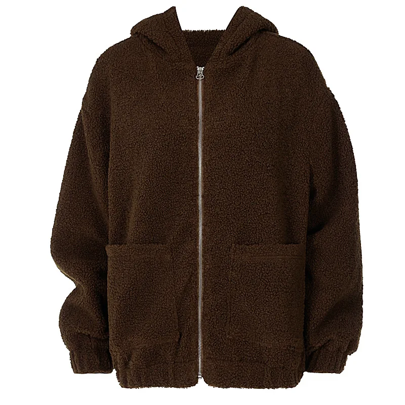 Куртка Lugentolo Женская плюшевая милая коричневая теплая куртка с капюшоном на