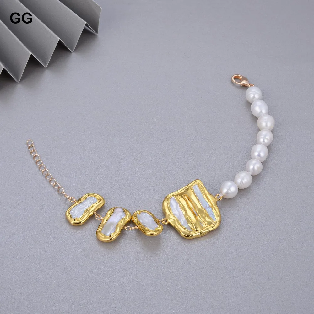 

GuaiGuai Jewelry Natural White Biwa Pearl Connector Cultured White Rice Pearl Gold Color Plated Chain Bracelet 8" Chain Clasp