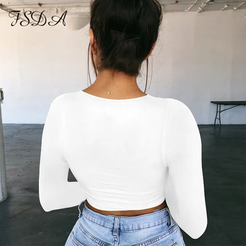 FSDA Summer Spring Crop Top Long Sleeve Women Black Sexy Shirt White Square Neck Casual Tee Mujer Ladies | Женская одежда