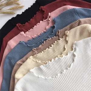 Свитер женский трикотажный, с круглым вырезом и рюшами, эластичный, однотонный, Осень-зима, 2021