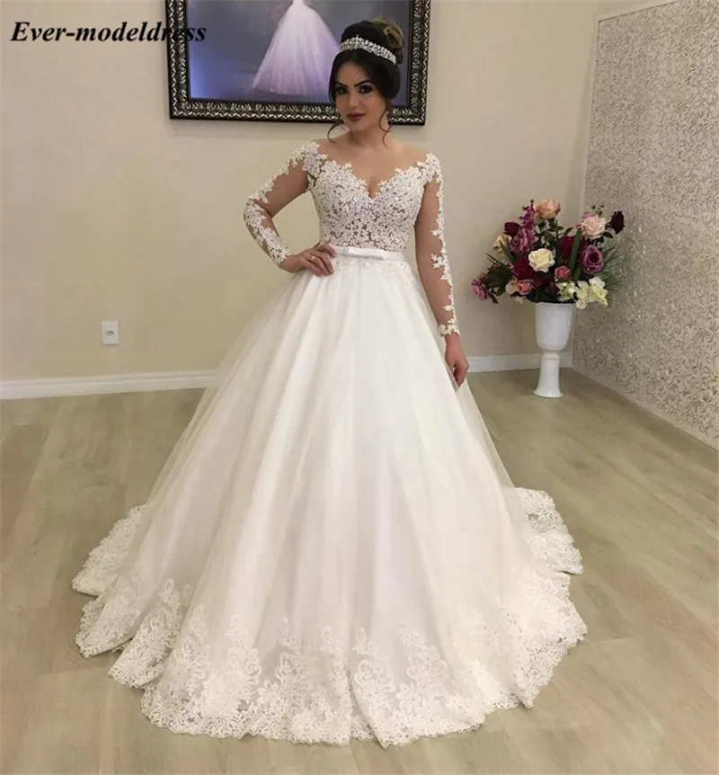 Кружевное бальное платье невесты для свадьбы 2020 с длинными рукавами отвесным