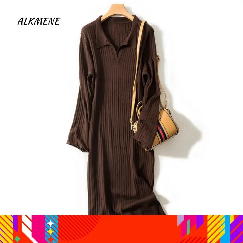 Осенне-зимняя рубашка поло с отворотами очень длинная свободная юбка-свитер