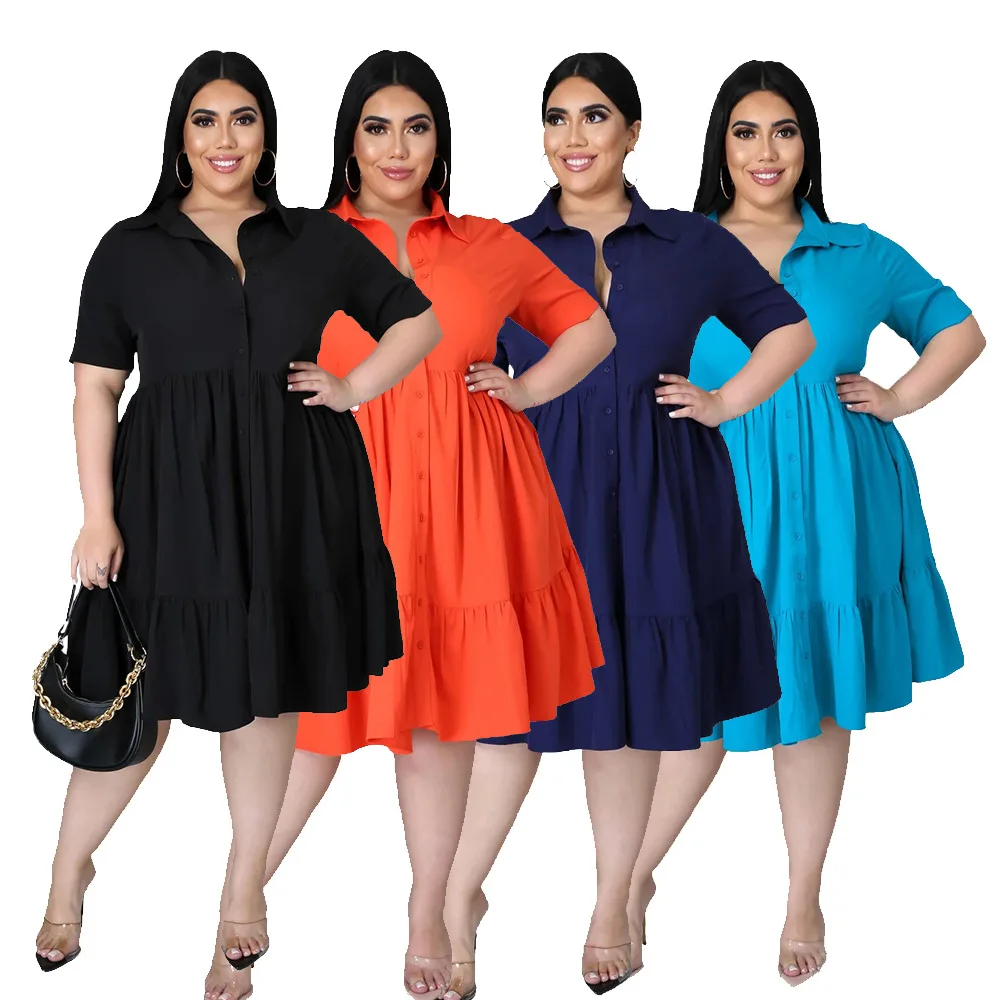 

Summer French Dress Women Office Lady Knee-Length Loose waist Polo Popular Solid Large Woman Short Sleeve Shirt Dress
