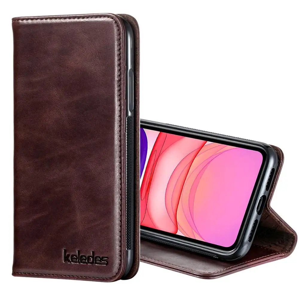Genuine Leather Wallet Case Real Cowhide Business Pouch Flip Cover for iPhone 11 Support Wireless Charging | Мобильные телефоны и