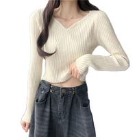 autumn and winter v collar collarbone pit strip thin long sleeved sweater computer knitted full sweaters for women