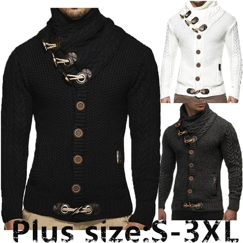 

Vintage Horns Buckle Thick Sweater Cardigan Fashion Men Winter Warm Turtleneck Sweaters Casual Knitting Tricot Jumper Outwear