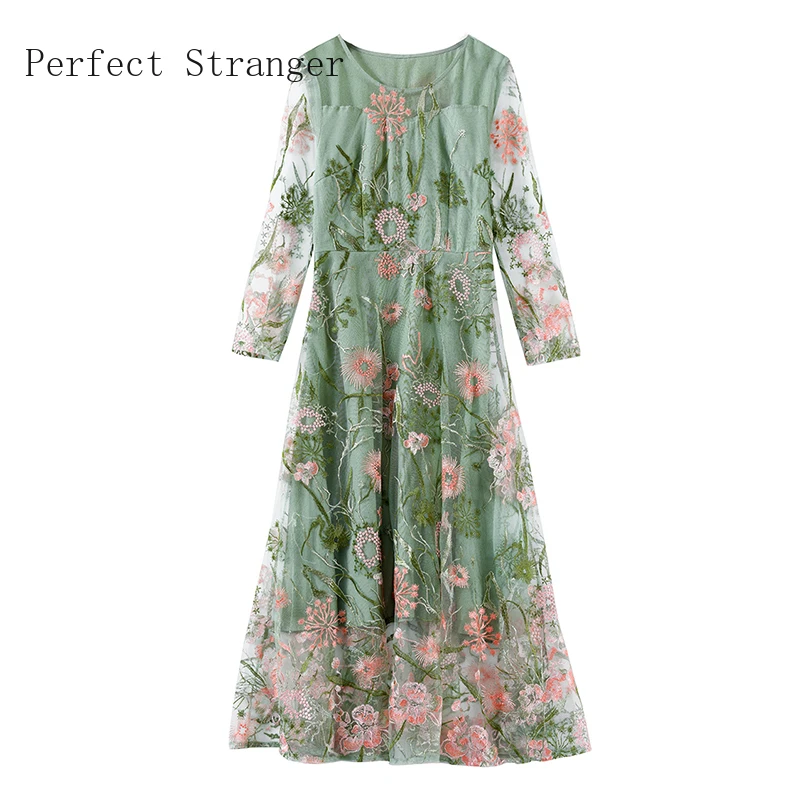 

2020 Autumn New Arrival High Quality Elegant Round Collar Long Sleeve Printed Women Chiffon Long Dress