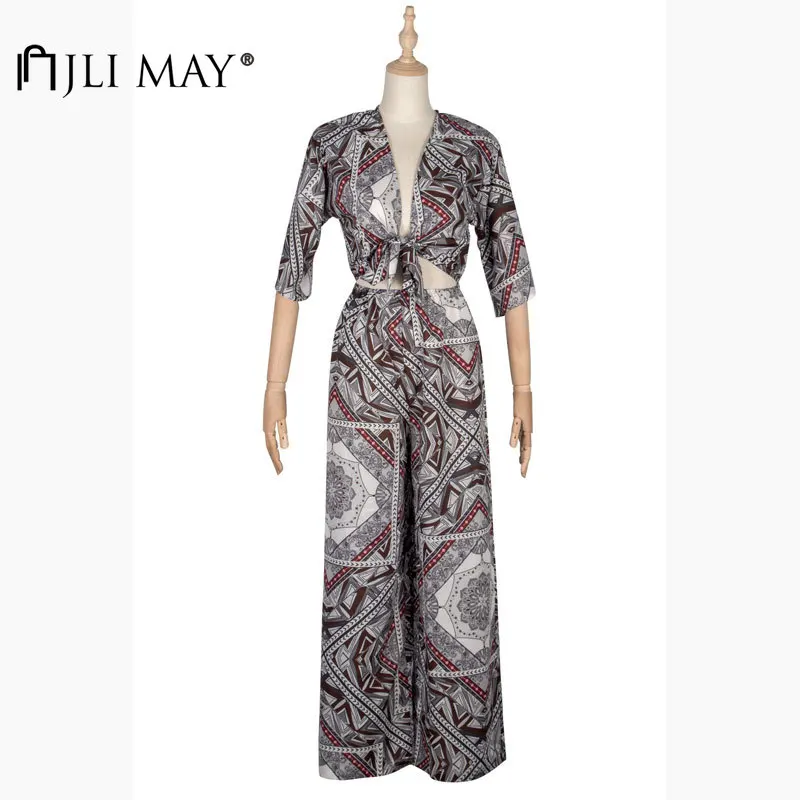

JLI MAY Women Jumpsuit Bohemian Print Romper Deep V-neck Bow Bandage Waist Hollow Out Half Sleeve Summer Loose Long Jumpsuits