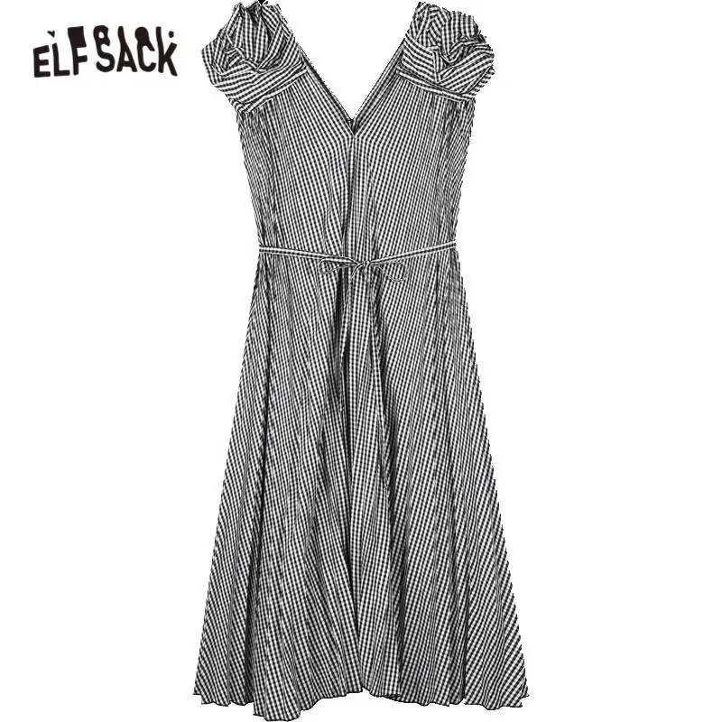 

ELFSACK Black Plaid Camellia Shoulder Casual Midi Dresses Women 2020 ELF Summer Vintage Sleeveless Korean Ladies Party Dress