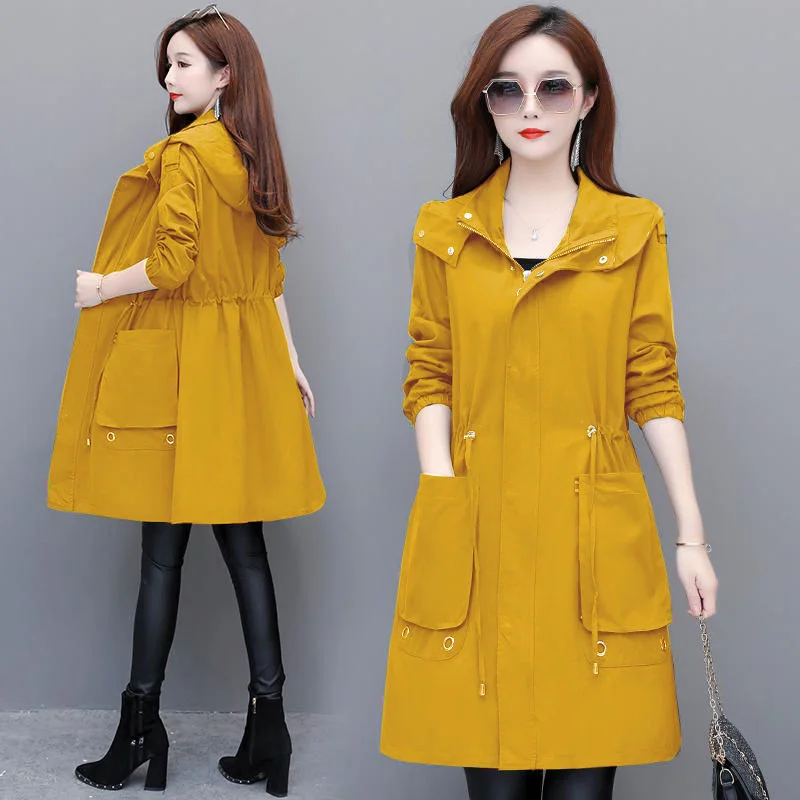 

Plus Size 5XL Hooded Trench Coat Women Spring Long Outerwear Casual Tops female Cotton Windbreaker Windproof Coats Lining Y08