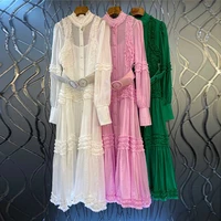 stand collar dress for women elegant white lantern sleeve high waist sashes spring temperament dresses female