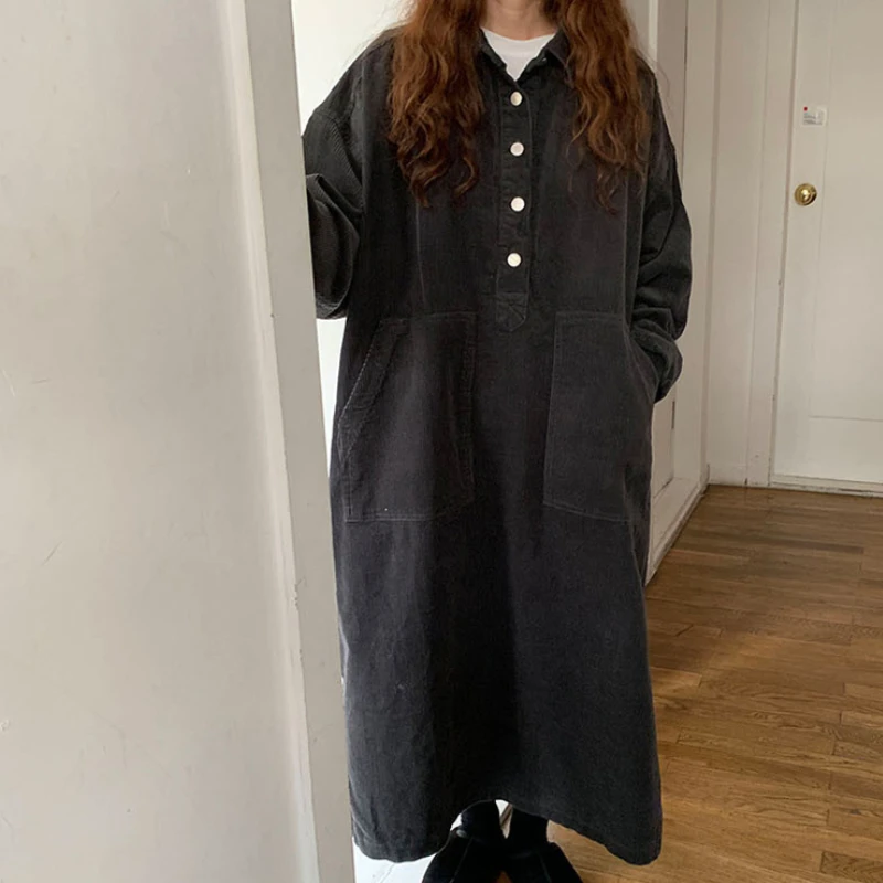 womens autumn corduroy casual shirt dress long sleeve loose oversized elegant midi vestidos femme fashion outerwear warm robe free global shipping