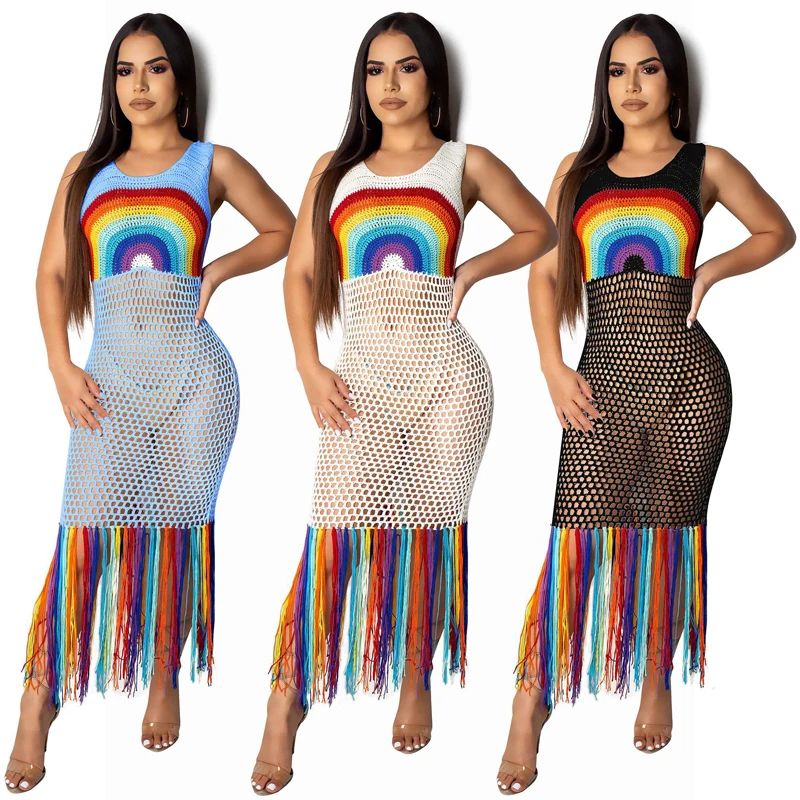 

Summer Dress For The Beach Women Sundress 2021 Lady New Rainbow Hollow Out By Print Polyester Sierra Surfer Saida De Praia