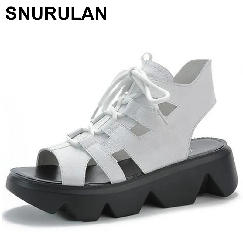

SNURULAN High Quality Platform Sandals For Women Genuine Leather Shoes High Heel Peep Toe Fashion Gladiator Sandals WomenLace-up