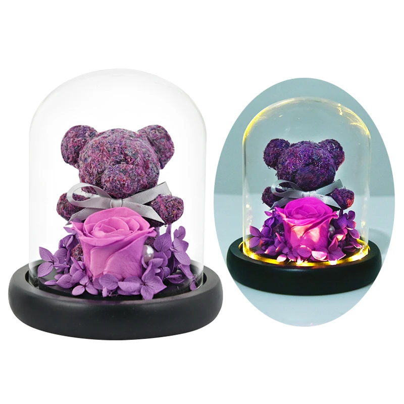 17cm Purple Bear Lig Красота и чудовище, искусственные цветы, вечная Золотая фольга, роза, светодиодный светильник, стеклянный купол, ночник, подарок на день рождения для девочек - Цвет: 17cm Purple Bear Lig