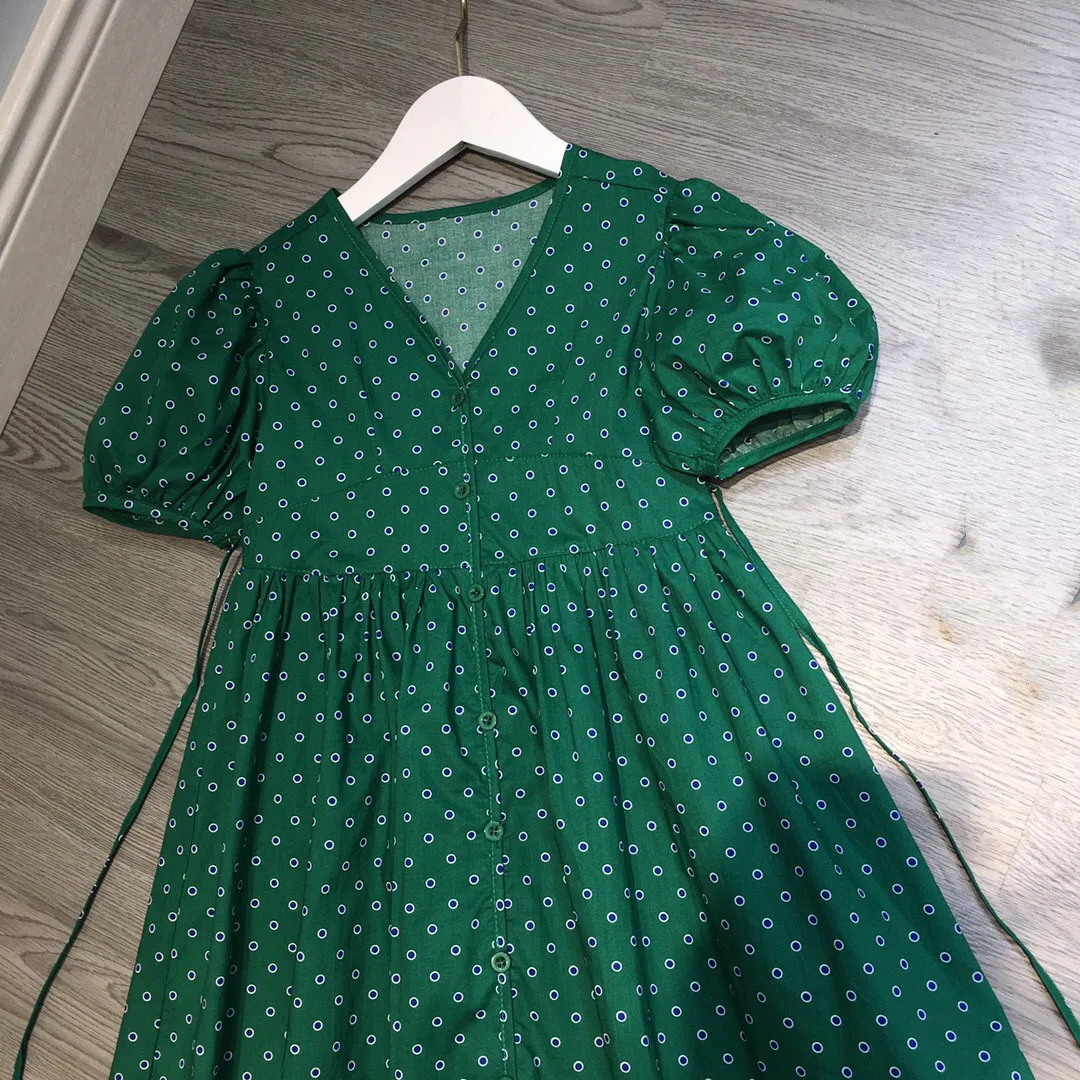 

2021 Summer top luxury brand wave point bubble sleeve green cotton girl's dress Y