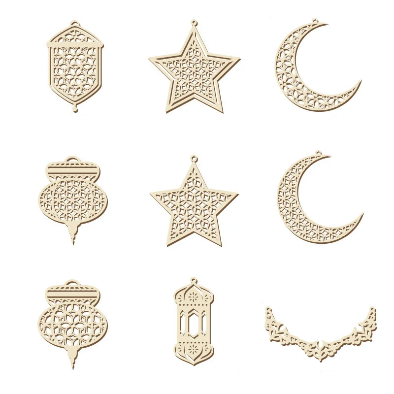 

1pc EID Mubarak Hollow Wooden Ornament Star Moon Hanging Pendant With String For Muslim Ramadan Kareem Home Party Decoration