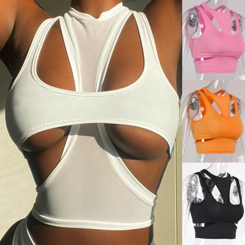 

Hollow Out Y2K 2022 Summer Crop Top Sexy Women Black Sleeveless White Beach Casual Streetwear Party Tank Tops Fashion