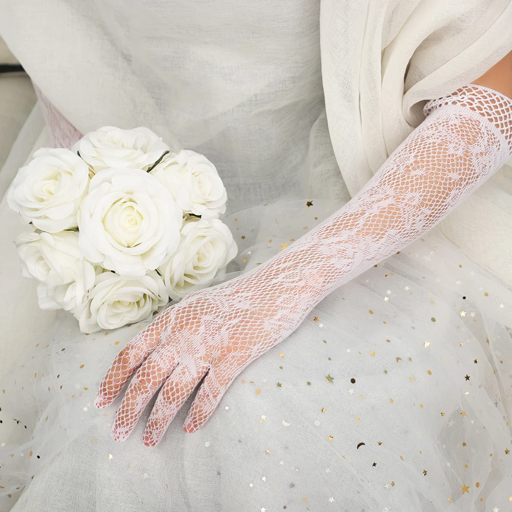 

Ladies Sexy Mesh Stretchy Floral Bride Long Lace Mesh Liturgy Gloves Gothic Punk Mittens Fancy Dress Christmas Halloween Gloves