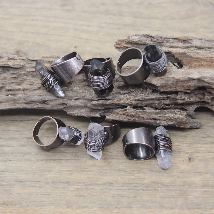 

Raw Smoky Quartzs&Crystal Point Band Rings Wire Wrapped Stone Gems Antique Copper Adjustable Ring Jewelry Dropshipping,QC4021