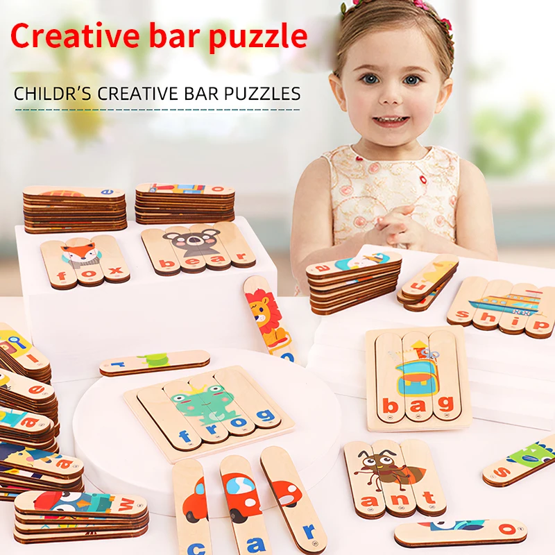 

Montessori Kids English words/Letter Bar Wooden Puzzle 3D Educational Toys For Toddlers Preschool Learning Matching Games Toys