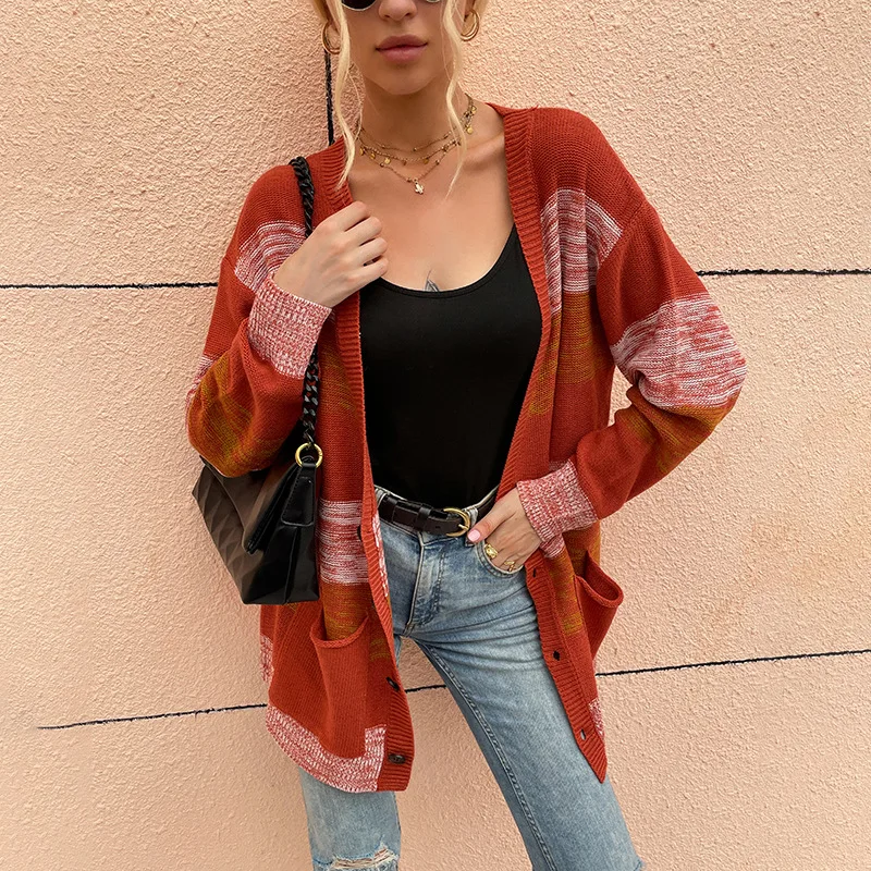 

2021 Autumn and Winter New Striped Knitted Cardigan European and American Button Women's Sweater Coat