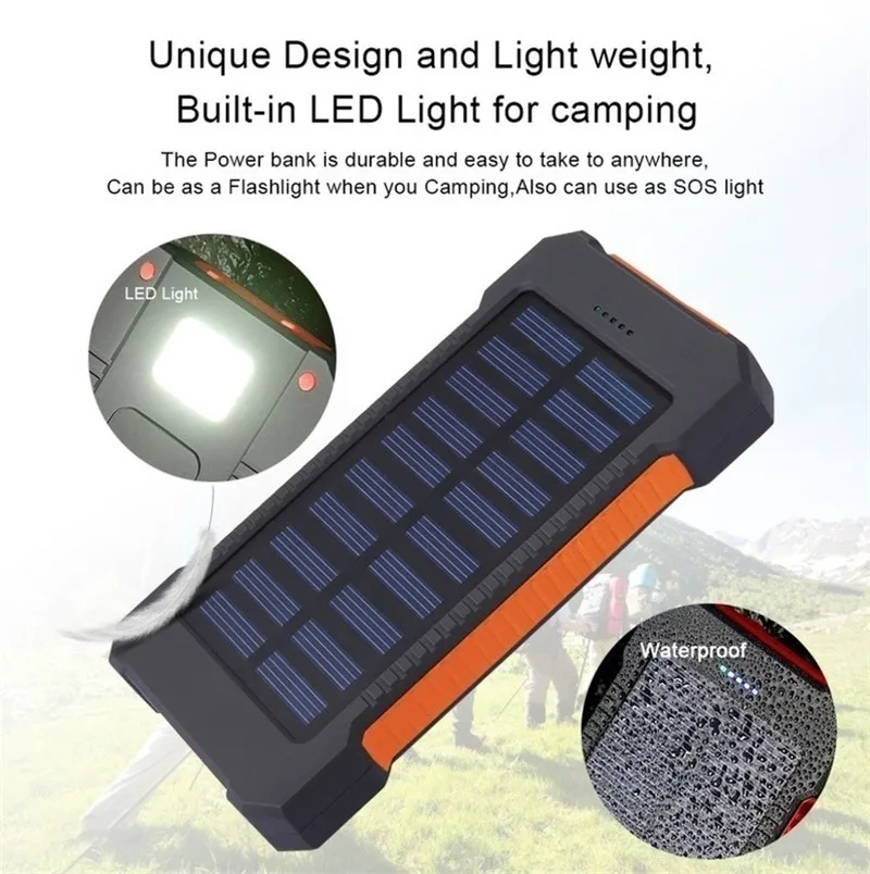 Portable 30000mAh Qi rechargeable solar panel power bank LED emergency fast external battery for Samsung Iphone