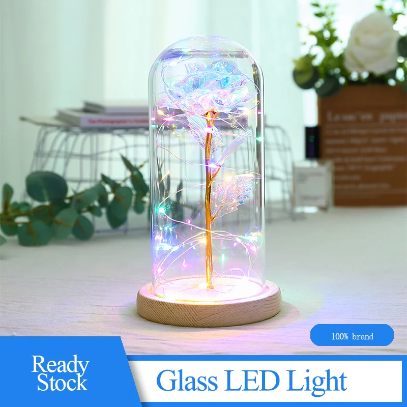 

Enchanted Forever Red Rose In Glass Dome Wooden Base For Decorate Valentine's Day Gifts Christmas LED Rose Lamps Flower